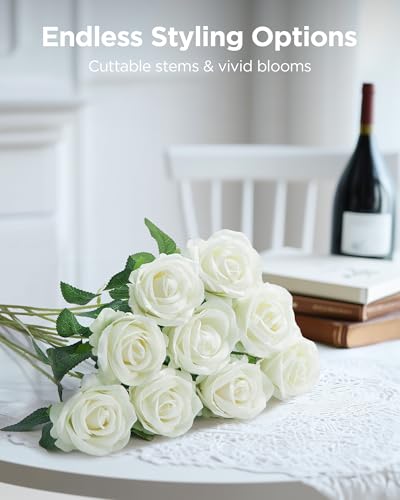 InnoGear 50 Pcs White Roses Artificial Flowers, Fake Velvet Silk Rose Bulk Faux Flower for Mother's Gift Decoration DIY Wedding Centerpieces Proposal Bridal Bouquets Party Floral Decor (50, White)