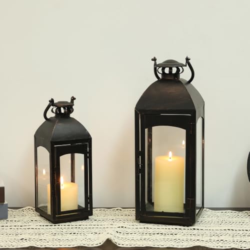 NEEDOMO Lanterns Decorative Indoor&Outdoor, 20''/16''H Set of 2 Outdoor Lanterns for Porch,Metal Frame Candle Holders Hanging Lights with Glass, Spring, Fall, Christmas