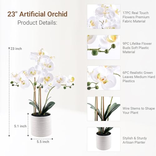 Fake Orchid Plant 23" Tall, Realistic Touch Leaves, Potted Phalaenopsis Artificial Plants Indoor for Home Decor Small Office Home Living Room-White