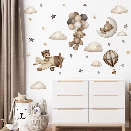 Teddy Bear Wall Decals - Cartoon Bear Air Balloon Star Moon Cloud Wall Stickers for Kids Room Girls and Boys Bedroom Baby Room Nursery Decoration (Coffee Brown Bear Wall Decal)