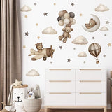 Teddy Bear Wall Decals - Cartoon Bear Air Balloon Star Moon Cloud Wall Stickers for Kids Room Girls and Boys Bedroom Baby Room Nursery Decoration (Coffee Brown Bear Wall Decal)