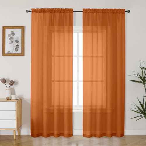 Gwine Burnt Orange Sheer Curtains 84 Inches Long 2 Panels Set for Living Room, Light Filtering Fall Curtains for Bedroom Living Room, Elegant Window Curtain Drapes, Each 42 Wx84 L