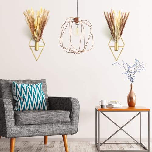 Peryiter 2 Pcs Small Boho Wall Decor Hanging Planters with Artificial Pampas Metal Wall Art Modern Home Decor Display Art for Bedroom Bathroom Living Room(Gold)