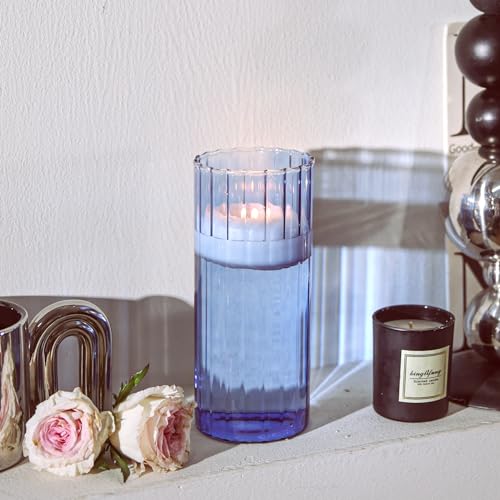 ComSaf Glass Cylinder Vases, Bud Vase for Centerpieces, 8 Inch Tall Ribbed Vase Hurricane Floating Candle Holder, Decorative Flower Vases for Wedding Reception, Home Decor, Housewarming Gift (Blue)