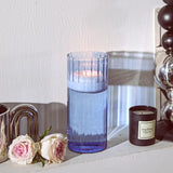 ComSaf Glass Cylinder Vases, Bud Vase for Centerpieces, 8 Inch Tall Ribbed Vase Hurricane Floating Candle Holder, Decorative Flower Vases for Wedding Reception, Home Decor, Housewarming Gift (Blue)