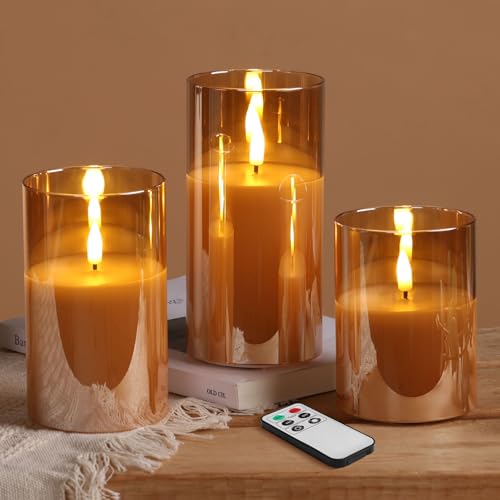 Gold Glass Flameless Pillar Candles with Remote, Flickering Fall LED Candles Battery Operated Set of 3