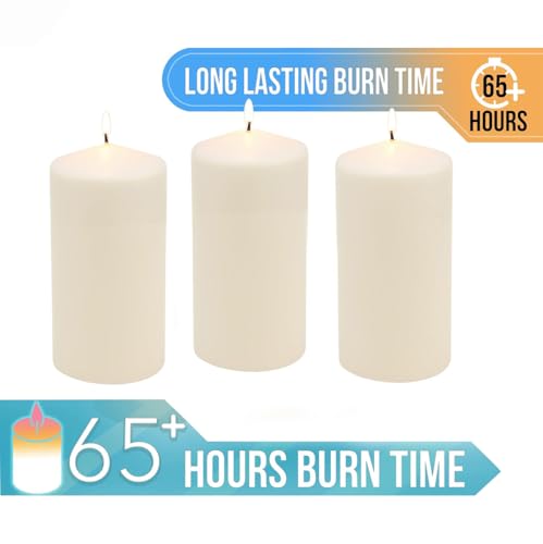 Stonebriar Unscented Pillar Candles – 65 Hour Burn Time, Long-Lasting Wax Candles for Weddings, Holidays, Home Décor & Special Events, Pack of 3, Ivory, 3" x 6"