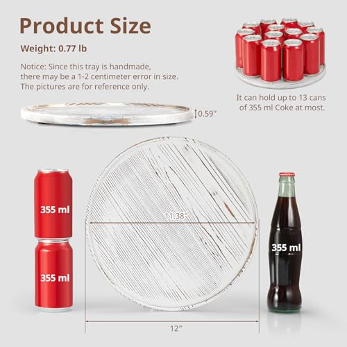 12 Inch Wood Round Tray, White Washed Wooden Decorative Bathroom Coffee Table Tray Centerpiece Candle Holder for Farmhouse Kitchen Dining Room Home Decor Coffee Table Decor and Accessories