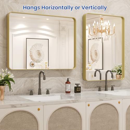 WEER Gold Bathroom Mirror, 22X30 Inch Brushed Gold Metal Frame Mirror, Rounded Rectangle Gold Bathroom Vanity Mirror for Wall, Tempered Glass, Anti-Rust, Hangs Horizontally or Vertically