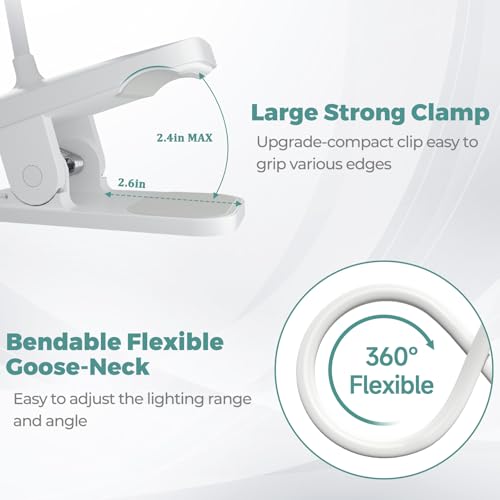 Clip on Reading Light for Bed Headboard, Rechargeable Battery Clamp on Bunk Bed Light, 5 Colors 5 Brightness Flexible Neck Desk Lamp, Eye Protect LED Touch Control Book Lights at Night for Kids