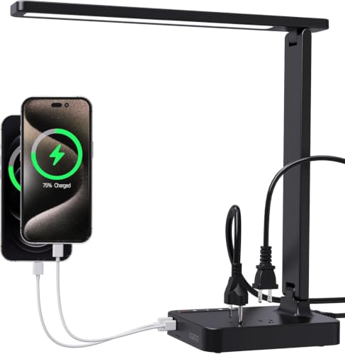 Desk Lamps for Home Office,Modern LED Desk Lamp for Dorm with 2 USB Charging Ports/Type C Port,2 AC Outlets,3 Lighting Mode,3 Level Brightness,Touch Control/Timer/Eye-Caring Foldable Table Lamp