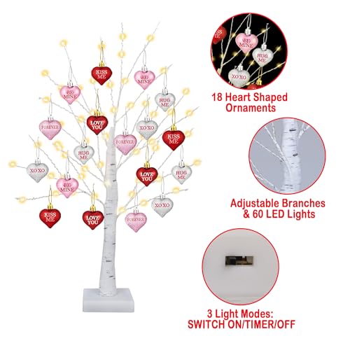 [Timer] Valentines Decor 24 Inch Valentines Decorations Lighted Tree with 18 Heart Ornaments, USB/Battery Operated Valentines Decor Tree Light, Valentines Decorations for Home Table Bedroom