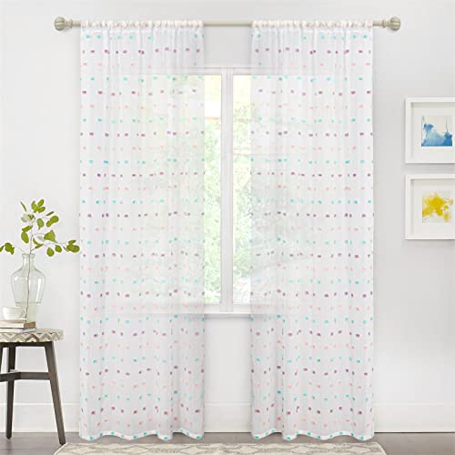 MYSKY HOME Rainbow Pom Pom Curtains for Living Room Light Filtering 84 Inch Long Bedroom Curtains for Nursery Girls Kids Room Rod Pocket Bohemian Voile Window Drapes 52 x 84 inch 2 Panels