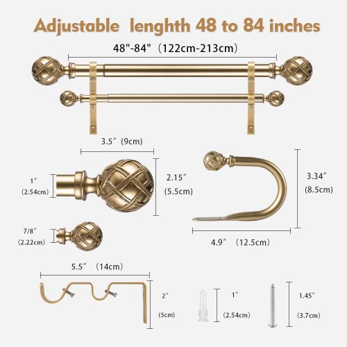 Ycolnaefllr 1 Inch Diameter Double Curtain Rod Set for Windows Heavy Duty Double Window Treatment Curtain Rod Adjustable from 48 to 84 Inch, Resin Finials with Curtain Holdbacks,Gold