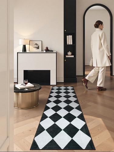 Checkered Print Black Bathroom Runner Rug 2x6, Washable Ultra Thin Non Slip Laundry Room Rug Moroccan Stain Resistant Kitchen Runner, Modern Trellis Carpet for Hallway Bedroom Entryway Decor