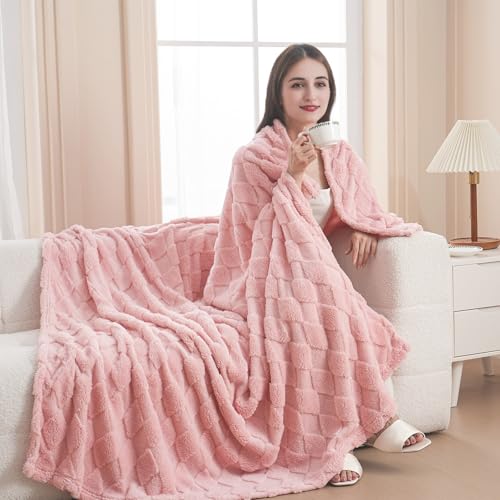Pink Fleece Throw Blanket for Couch Sofa 50”x60” with Diamond Checkered | Microfiber Flannel, Lightweight Plush Soft Cozy, Gifts for Women Mom