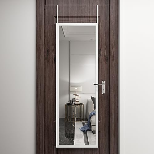 whitebeach 48" x 16" Over The Door Full Length Mirror Wall Mounted Hanging with 2 Metal Hangers for Bedroom Living Room Bathroom White