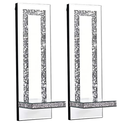 Aeveco Crystal Crush Diamond Mirrored Candle Sconces, Silver Wall Candle Holder Set of 2, Wall Decorations for Living Room，Dining Room (Rectangle Stripe (Style 4))
