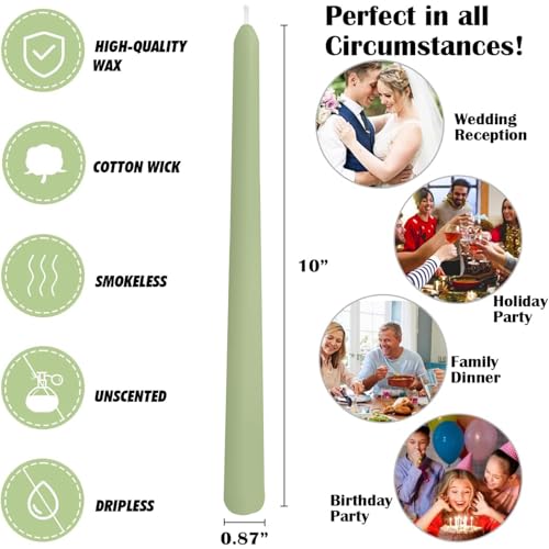 12-Pack Sage Green Taper Candles, 10 Inch Unscented Dripless Candlesticks, Long-Lasting Burn Time of 7-8 Hours, Perfect for Home Décor, Spring and St. Patrick's Day