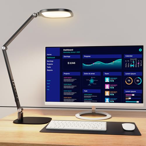 LED Desk Lamp for Home Office, Professional Eye-Caring Diffused Desk Light, 3 Color 10 Brightness Computer Light, Dimmable Office Lamp with Memory & Timer Func, Metal Swing Arm Table Lamp