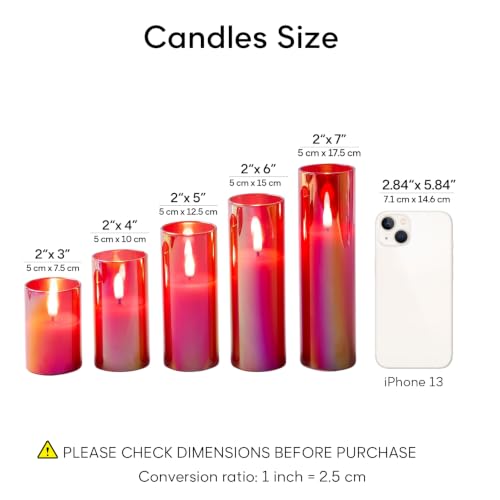 Red Glass Flameless Pillar Candles with Remote Batteries Set of 5