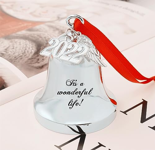 FKOG 2026 It's A Wonderful Life Christmas Bell Ornament, Silver Christmas Tree Bell and Sleigh Bell Ornament Decoration Gifts with Angel Wing Charm (It's a Wonderful Life Bell)