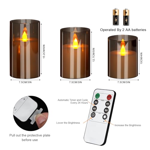 wemarry Flameless Candles 4" 5" 6" Acrylic Glass Pillars 3" Diameter Battery Operated Flickering Candles Include 8-Key Remote with Timer Function 400+ Hours (Gray, Warm Light 3 Pack)