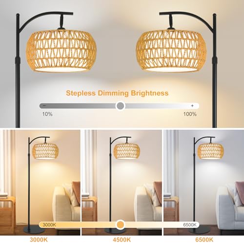 Boho Rattan Floor Lamp with Shade – 12W Bright Dimmable LED Bulb, Remote Control 3 Color Temperatures, Modern Farmhouse Handwoven Arc Standing Light for Living Room Bedroom