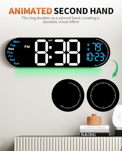 17.2 Inch Large Digital Wall Clock with 9 Color Changing Remote Control, Date Week Temperature, Auto Brightness Dimmer Big Clock Night Lights,Blue