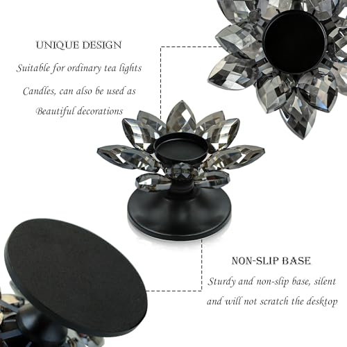 2 PCS Black Crystal Flower Tea Light Holder, Glass Tealight Candlestick with Metal Base, Votive Candle for Table Centerpiece, Wedding/Parties Decor, Nice Gift