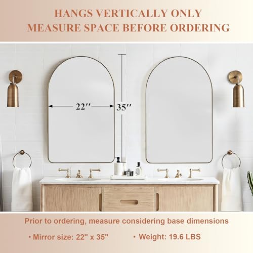 ANDY STAR Arched Mirror, 22" x 35" Gold Bathroom Mirror in Stainless Steel Metal Frame, Arch Top Rounded Corner 1" Deep Set Design Wall Mount Hangs Vertical