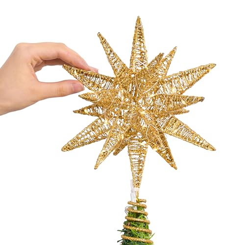 JOIEDOMI 7.8" Metal 3D Star Christmas Tree Topper Golden Glitter Decorations with 56 LED Warm White with Plug Timer Ornaments Treetop Home Holiday Party Indoor Decor