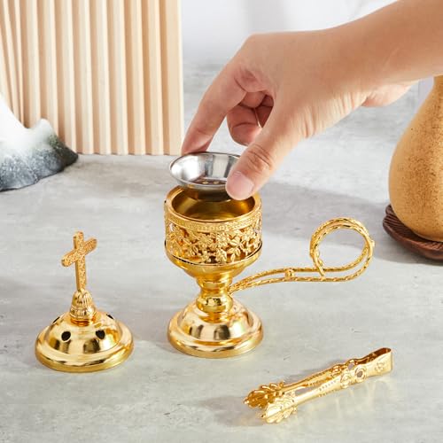 Zonon 2 Sets Incense Burner with Tong, Frankincense Charcoal Incense Stand Holder, Ideal for Yoga, Spa, Aromatherapy, Home and Christian Church Censer (Gold,Classic)