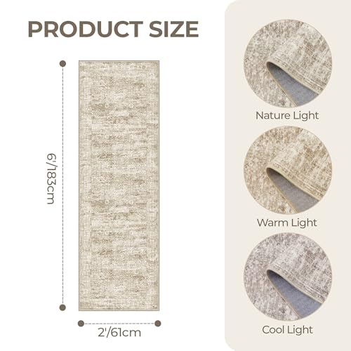 Washable Runner Rugs for Bedroom - 2x6 Runner Rug Non Slip, Ultra-Thin Entryway Runner, Soft Abstract Kitchen Runner for Hallway, Laundry, Bathroom, Indoor Door Mat(2'x6', Brown/Ivory)