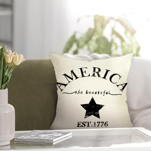 July 4th Farmhouse Decorative Throw Pillow Cover America Est. 1776 Patriotic Sign Decoration Rustic Home Decor Cotton Linen Cushion Case for Sofa Couch, 18" x 18"