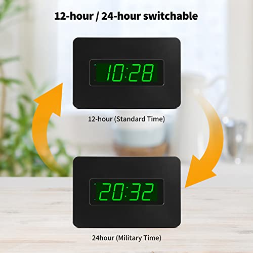 Digital Wall Clock Battery Operated with LED Display, Wall Clock with Backlight, Table-top, Alarm, Brightness Adjustable,12/24Hr