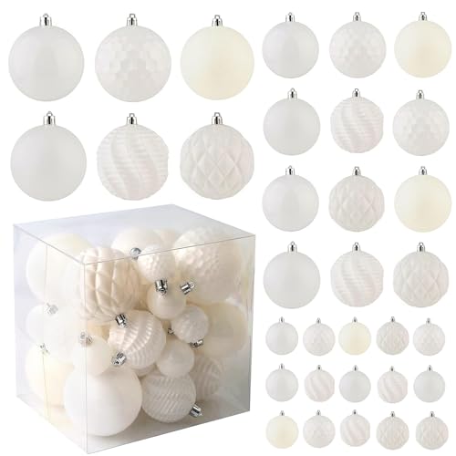 Christmas Balls Ornaments -36pcs Shatterproof Christmas Tree Decorations with Hanging Loop for Xmas Tree Wedding Holiday Party Home Decor,6 Styles in 3 Sizes(White)