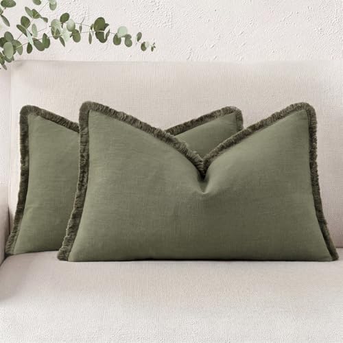 decorUhome Linen Fringe Olive Green Throw Pillow Covers 12x20 Set of 2