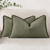 decorUhome Linen Fringe Olive Green Throw Pillow Covers 12x20 Set of 2