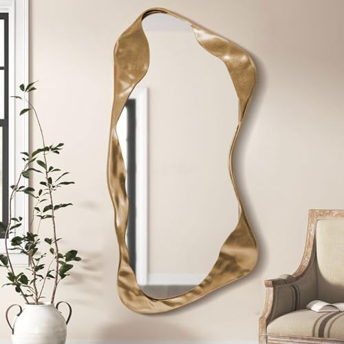 Full Length Mirror Irregular Wavy Mirror, Wave Arched Floor Mirror, Wall Mirror Standing Hanging or Leaning Against Wall gold-90 * 190CM
