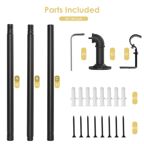 Industrial Adjustable Blackout Curtain Rod 72-144 Inch - Heavy Duty Wrap Around Rod for Windows, Indoor/Outdoor Room Divider Drapery