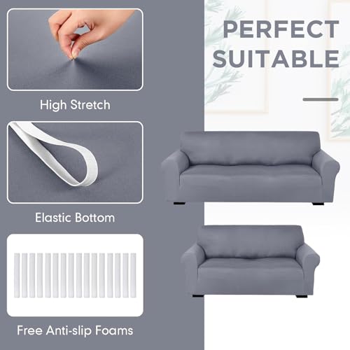 Peryiter 2 Pcs Sofa Covers Couch and Loveseat Covers Set Stretch Sofa Slipcover for Living Room Armchair Furniture Protector, Wrinkle Proof(Light Gray,Milk Silk)