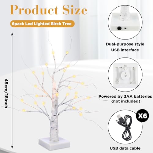 Macarrie 6 Pcs Birch Tree with LED Lights Christmas Wedding Decorations Tabletop Lighted White Mini Artificial Branches Battery Powered or USB Twinkling Table Centerpiece Indoor Gift (18 Inch)
