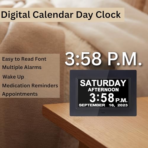 Azpen 7 Inch Digital Calendar Alarm Clock for Seniors - Large Display, Auto Dimming, Multiple Alarms, Easy-to-Read Day Date Clock, Black