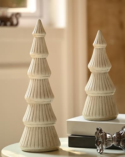 WONDROUS' DECO Wooden Christmas Tree Figurine Decor, Set of 2 White Christmas Tree Table Centerpieces, Small Distressed White Xmas Trees Set Decoration for Vintage Mantle Indoor