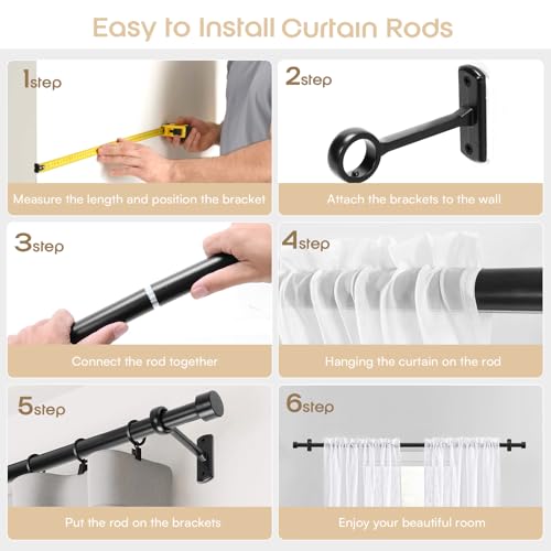 Matte Black Curtain Rods for Windows 32-240 Inches (2.5-20 Ft) Adjustable Heavy Duty Drapery Rod - 1 Inch Diameter Extra Long Black Steel Curtain Rods