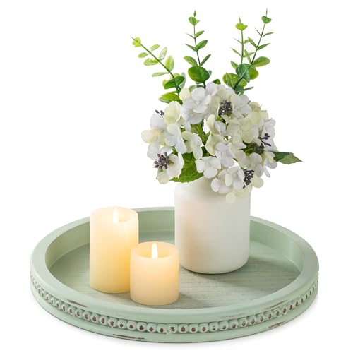 Hanobe Sage Green Tray Decor: Round Decorative Tray for Coffee Table Centerpiece - Wooden Candle Plate Holder