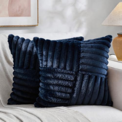 All Smiles Couch Decorative Throw Pillow Covers 18x18 Set of 2 Faux Fur Plush Soft Fluffy Velvet Cushion Case Cozy Fuzzy Striped Pillowcase Home Decor for Bed Sofa Living Room,Navy Blue