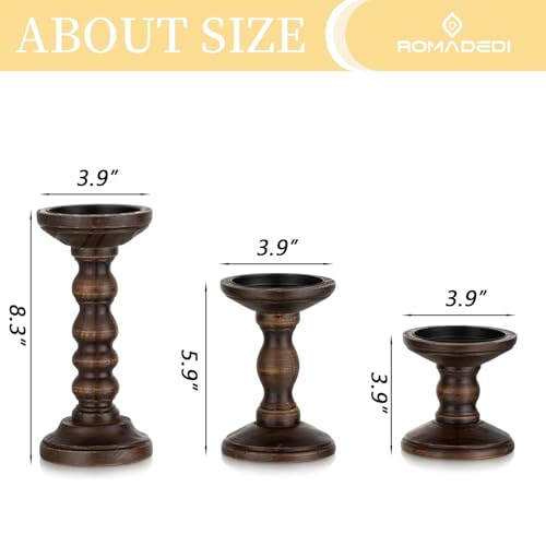 Romadedi Wood Candle Holders for Pillar, Dark Brown, Set of 3