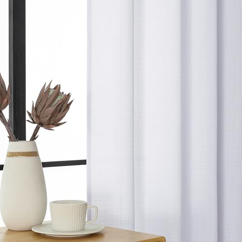 White Kitchen Curtains Tier 36 Inch Length 2 Panels, Faux Linen Textured Light Filtering Short Curtains Drapes for Bathroom Basement Half Window, Rod Pocket Design, White, Each 30Wx36L Inch